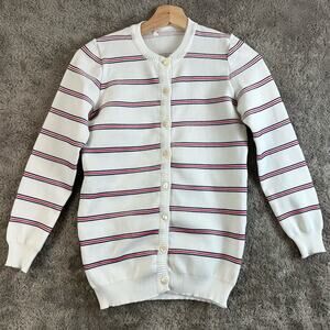 Vintage Cardigan Sweater Red White Blue Stripe Grandpa Stretch 70s 60s